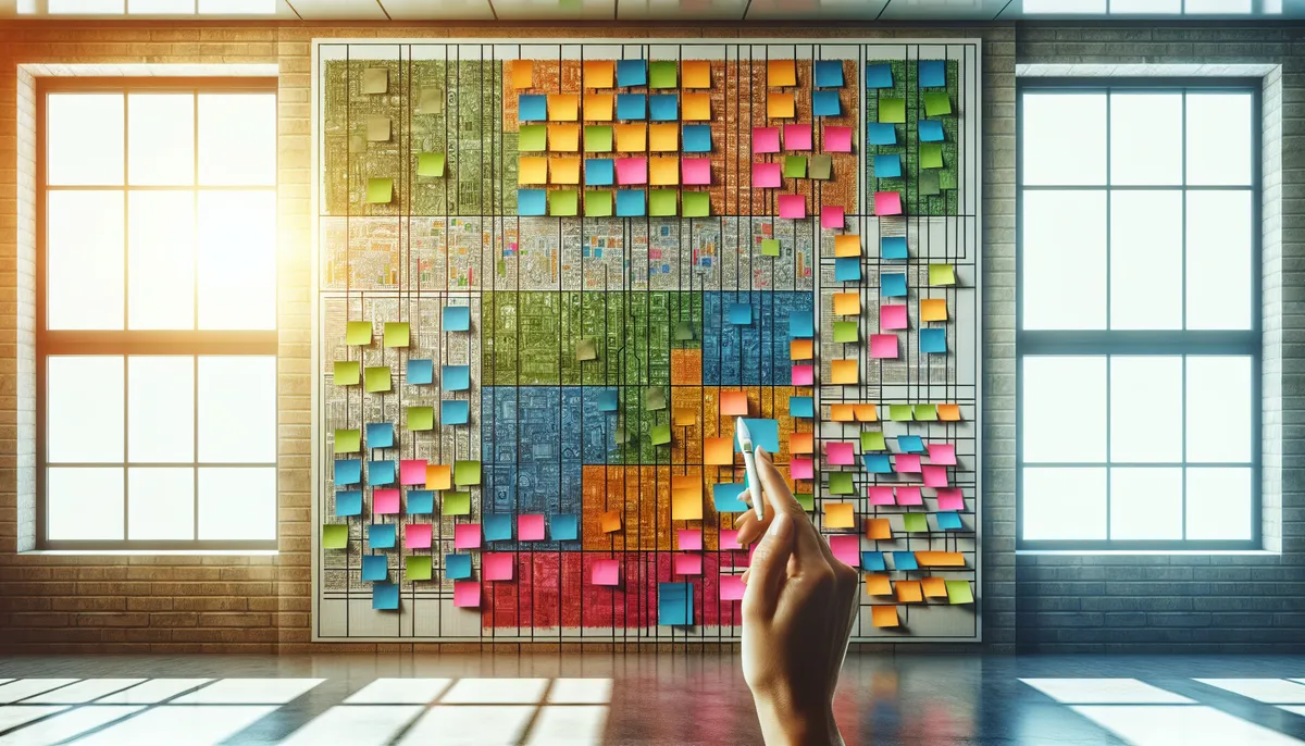 Colorful sticky notes arranged in organized groups on a whiteboard