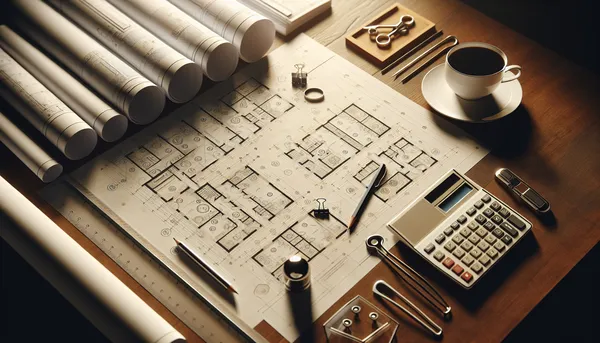 Blueprint-style workout plans spread across a desk with a ruler and pencil
