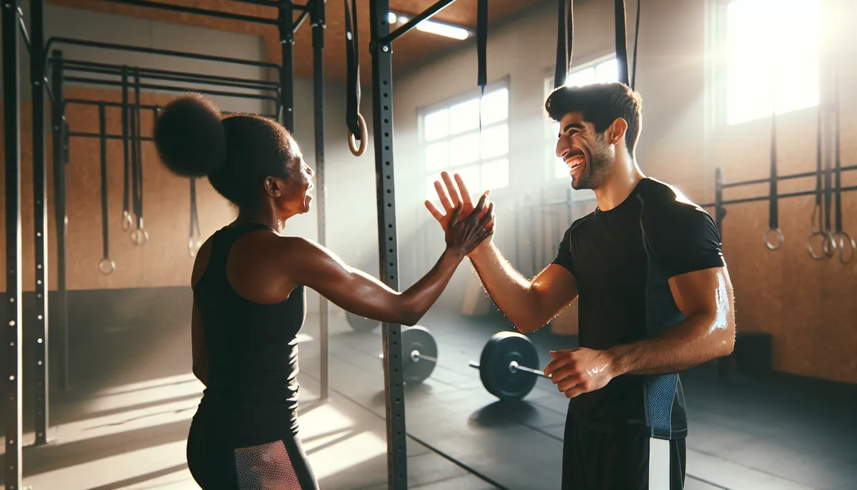 Happy athlete giving a high-five after completing a workout in a gym