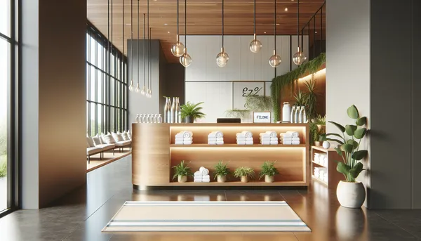 Welcome area of a fitness studio with a clean sign-in desk and fresh towels