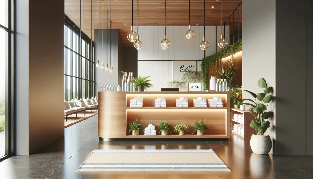 Welcome area of a fitness studio with a clean sign-in desk and fresh towels