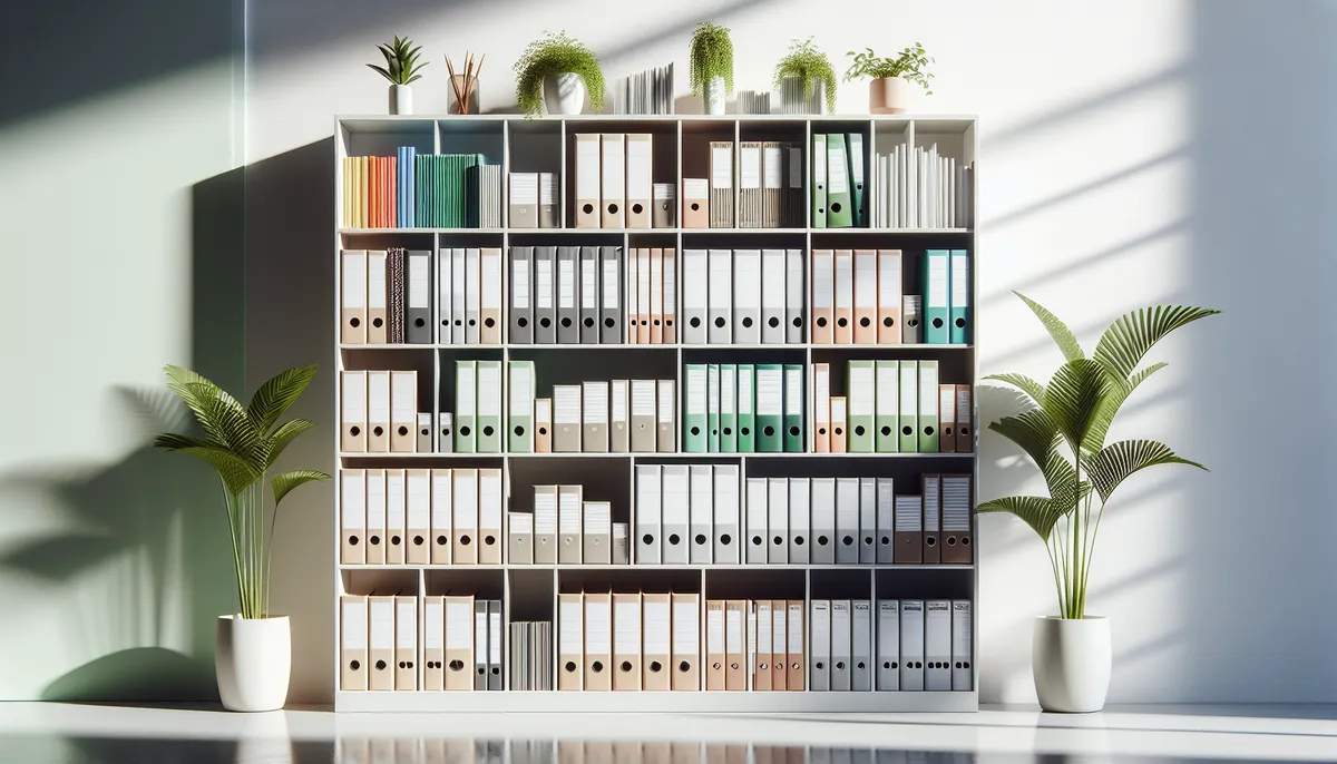 Beautifully organized modern bookshelf with color-coordinated binders and coaching guides