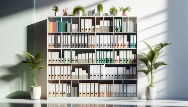 Beautifully organized modern bookshelf with color-coordinated binders and coaching guides