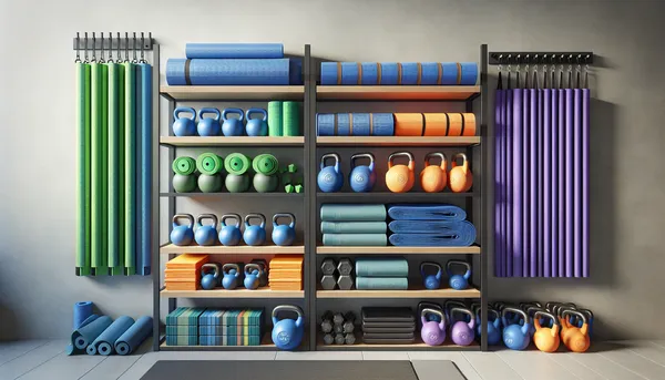 Beautifully organized gym equipment shelf with color-coordinated accessories