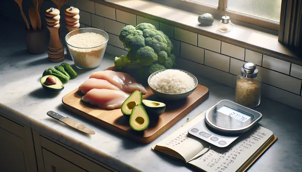 Kitchen scale with colorful ingredients and a notebook showing macro calculations