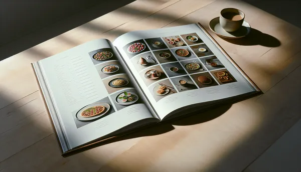 Cookbook open on a wooden table with different layout styles visible