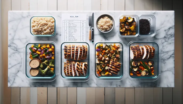Meal prep containers with neatly organized ingredients and a handwritten recipe card