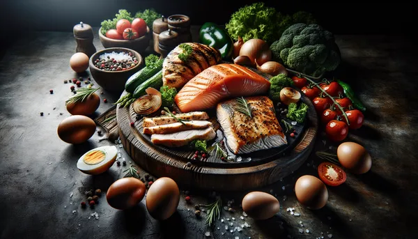 Grilled chicken and salmon with fresh vegetables on a rustic cutting board