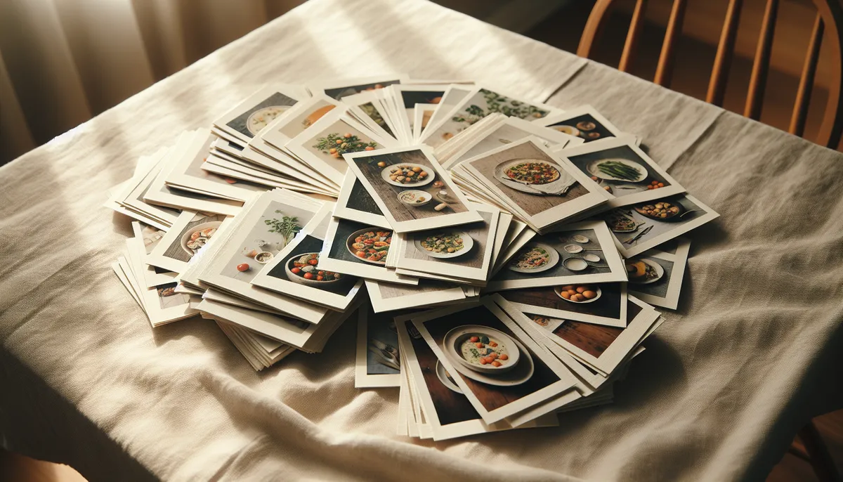 Stack of recipe cards with colorful food photos fanned out on a table