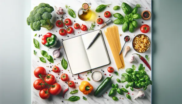 Fresh ingredients laid out on a counter next to an open blank notebook