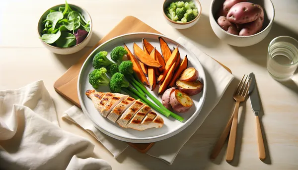 Balanced meal plate with protein, carbs, and vegetables clearly portioned