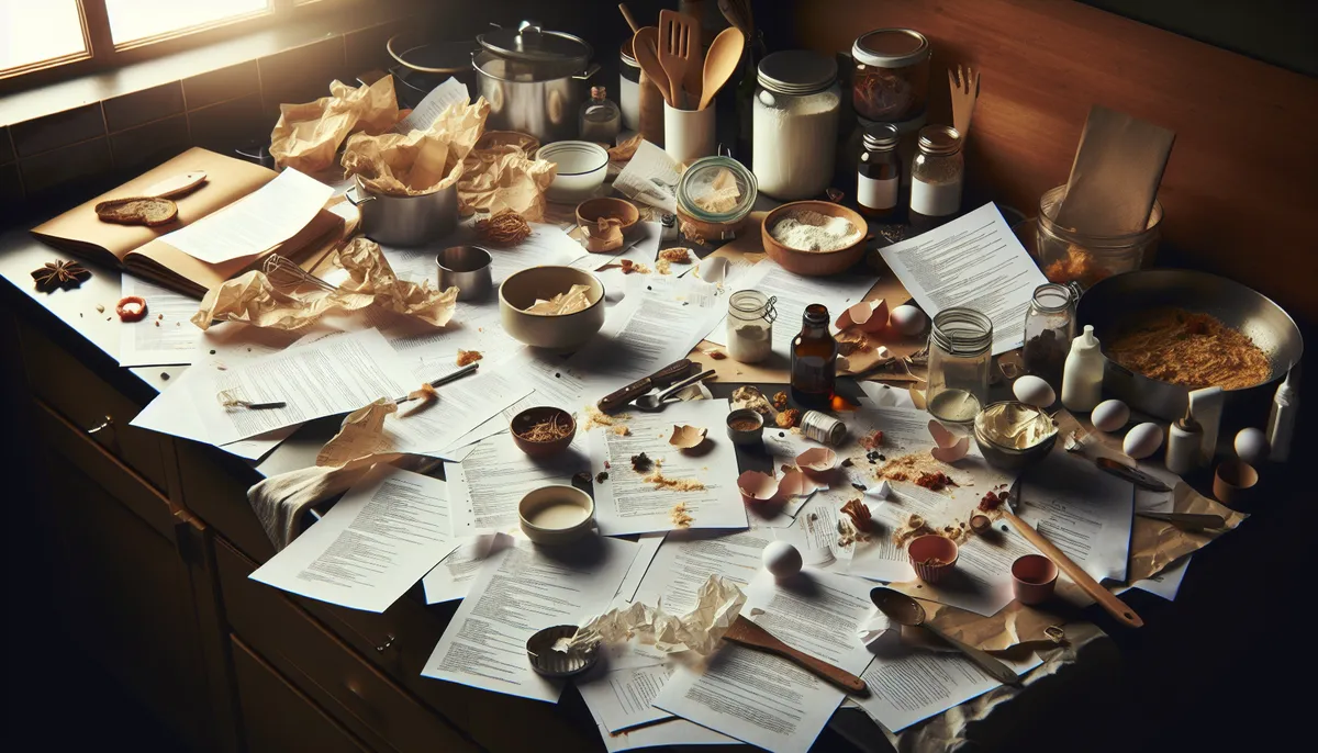 Messy kitchen counter with scattered recipes and ingredients in disarray