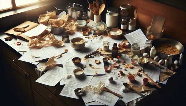 Messy kitchen counter with scattered recipes and ingredients in disarray