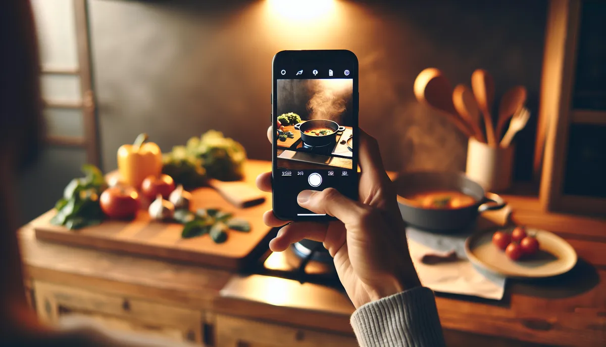 Person browsing recipes on a phone while cooking in a modern kitchen