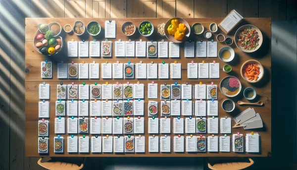 Color-coded recipe cards sorted into labeled sections on a table