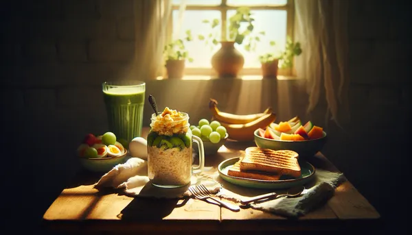 Quick breakfast spread with overnight oats, eggs, and smoothie on a sunny table