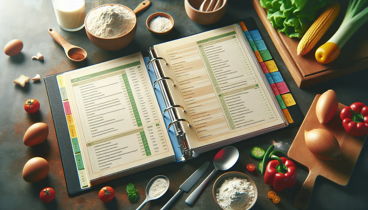 Open cookbook showing different sections with colorful tab dividers