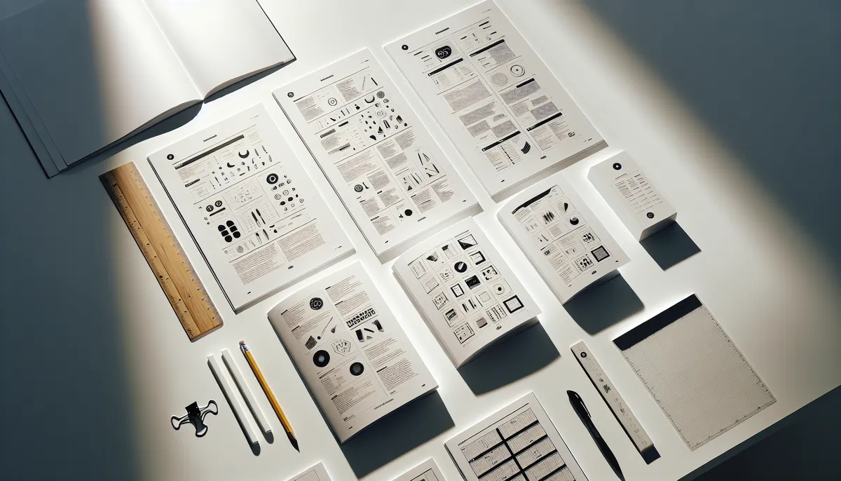Multiple cookbook layouts spread out on a desk with design elements