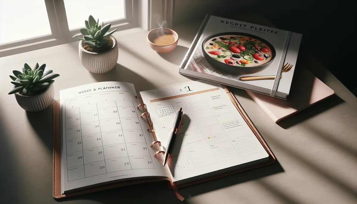 Split view of a structured meal plan calendar next to a colorful recipe collection