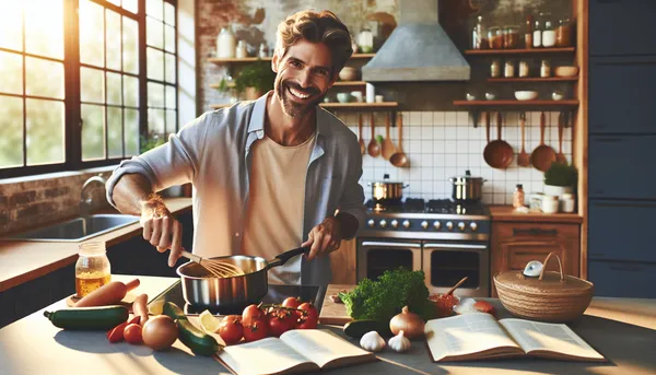Happy person cooking in a kitchen with a recipe book propped open nearby