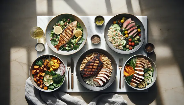 Three different plates showing meals for fat loss, muscle gain, and maintenance