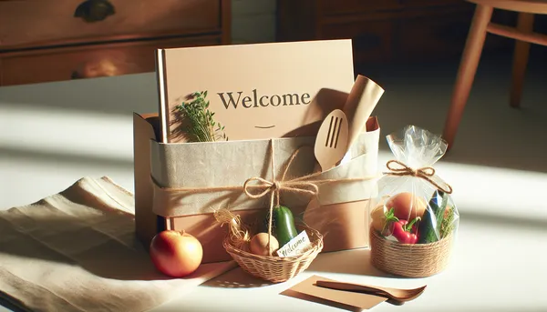 Welcome package with a recipe book, fresh ingredients, and a handwritten note