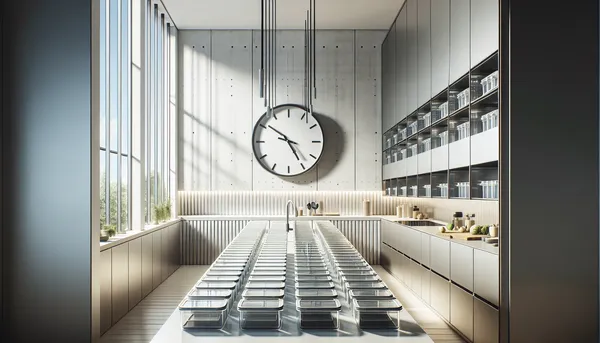 Clock on a kitchen wall with meal prep containers neatly organized below