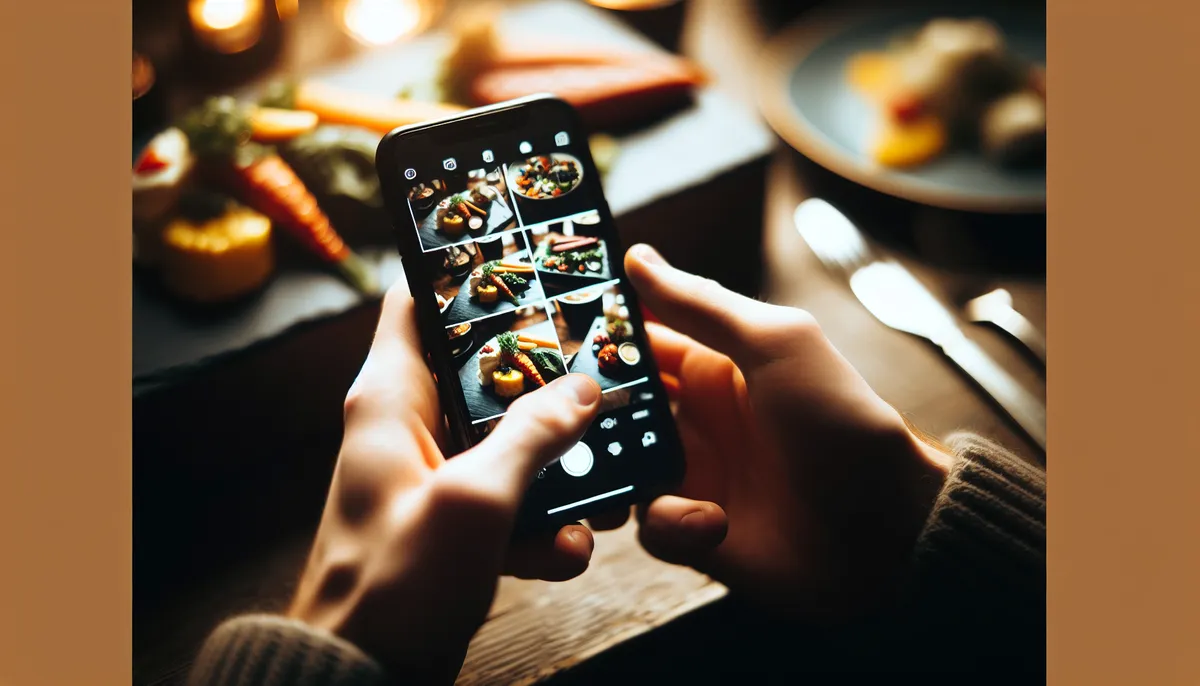 Person sending a recipe book from their phone while fresh meals sit on the table