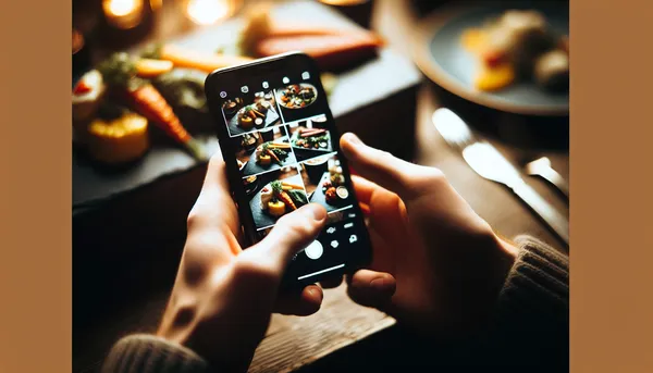 Person sending a recipe book from their phone while fresh meals sit on the table