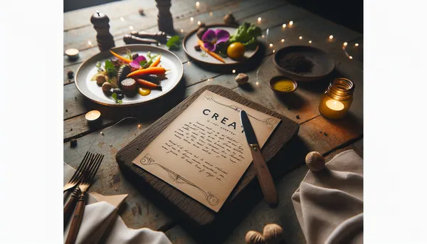 Handwritten meal description on a card next to a beautifully plated dish