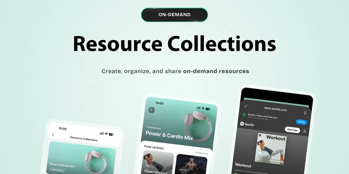 Resource Collections V2 showing on-demand content library with collection covers and custom layouts on mobile devices