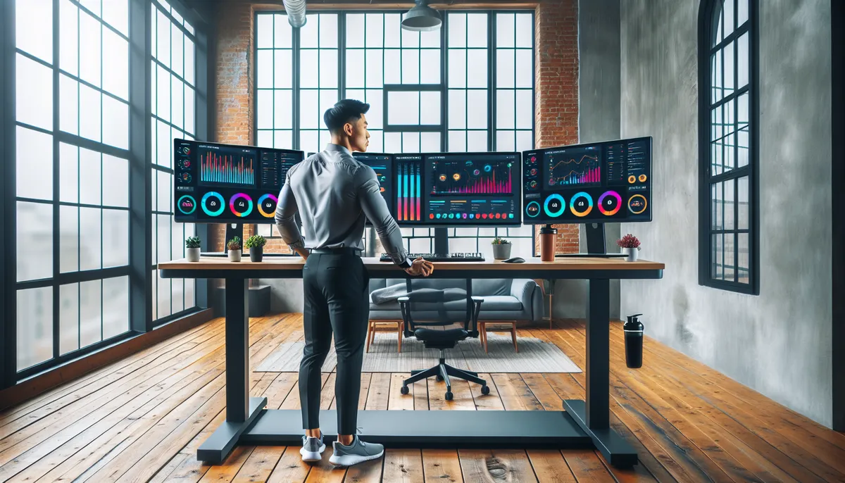 Coach at a standing desk with dual monitors showing client management dashboards
