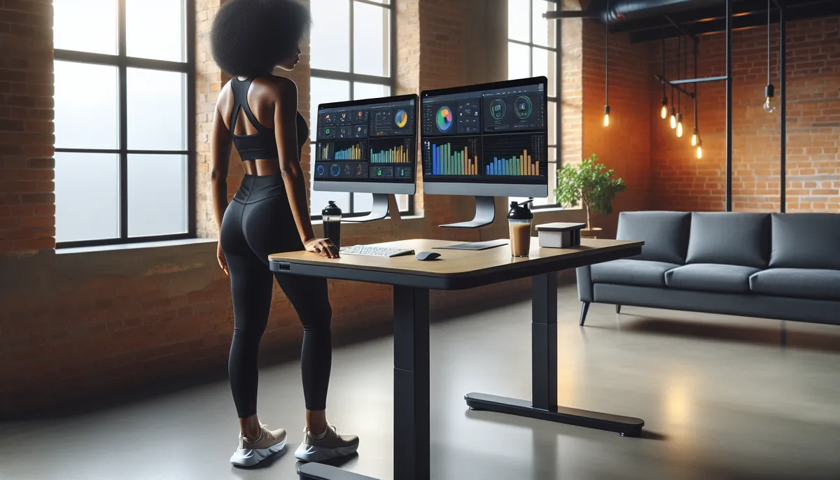 Coach working at a standing desk with multiple monitors showing client dashboards