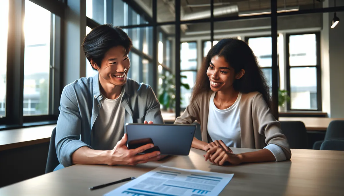 Coach showing resource content on a tablet to an engaged client at a desk