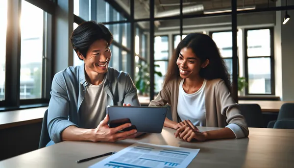 Coach showing resource content on a tablet to an engaged client at a desk