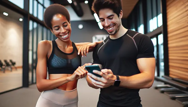 Person sharing a phone screen showing workout content with another person