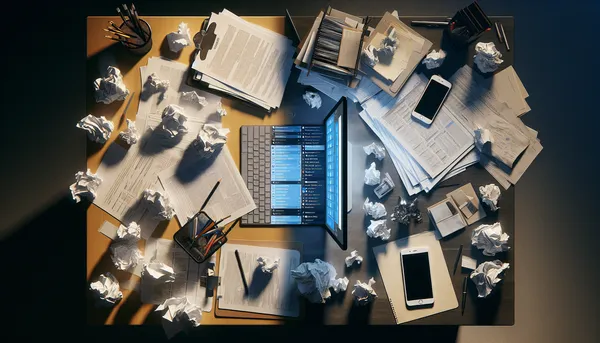 Messy pile of loose papers next to a clean tablet showing an organized content library