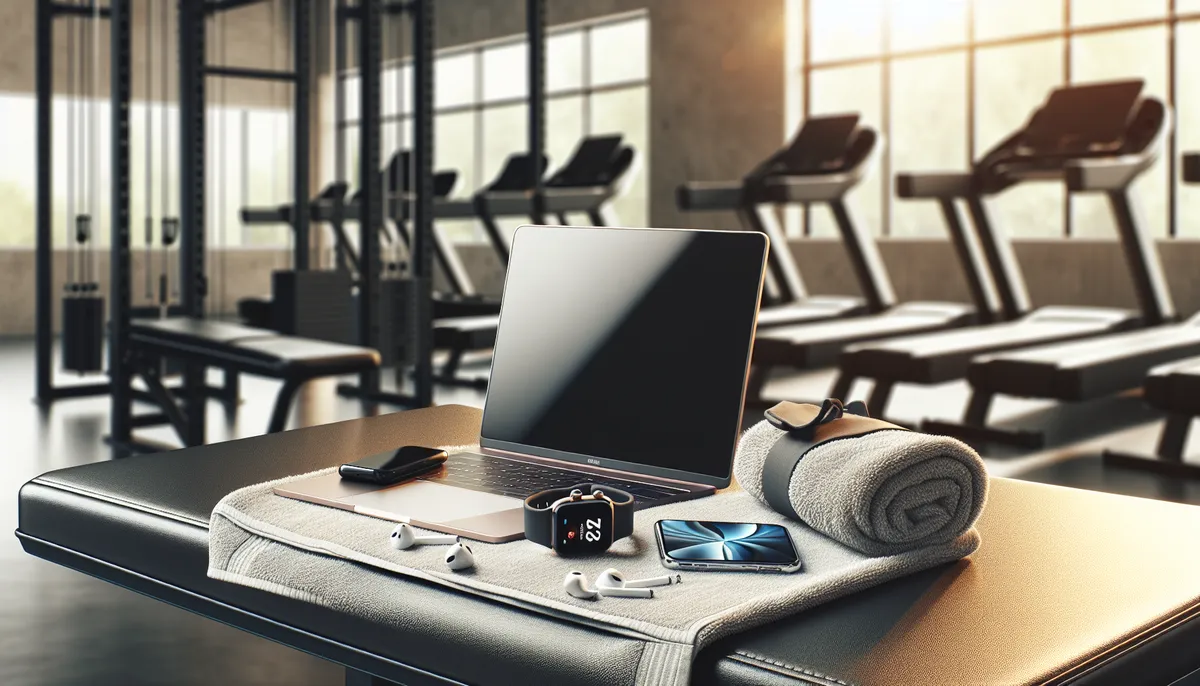 Modern fitness technology setup with a smartwatch, phone, and laptop on a gym bench