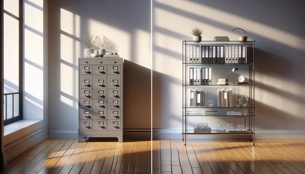 Metal filing cabinet next to a modern glass display shelf with curated items
