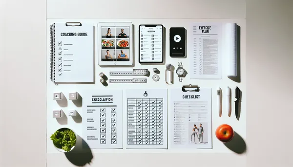 Overhead flat lay of diverse coaching materials including guides, a tablet, and checklists
