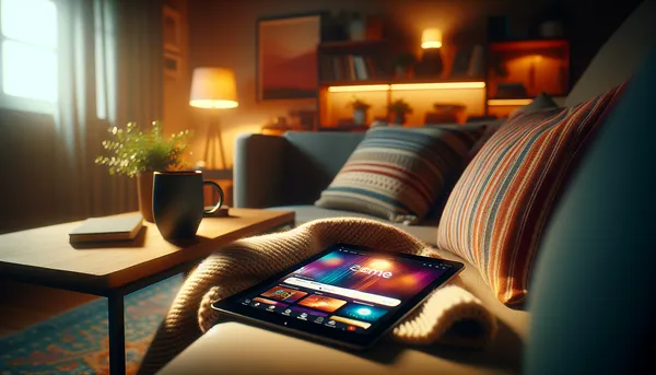 Person comfortably browsing content on a tablet while relaxing on a modern couch