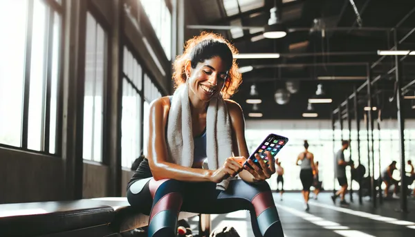 Athlete smiling while scrolling through workouts on a phone after a gym session