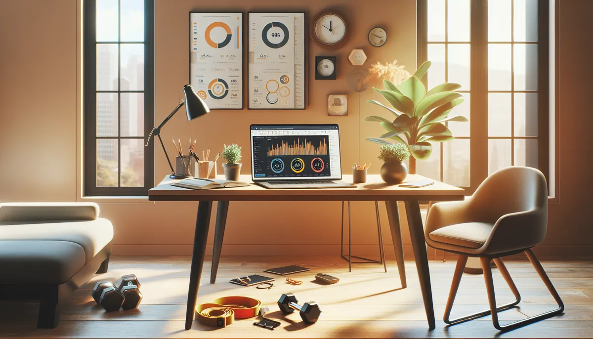 Modern coaching desk with a laptop open and workout equipment nearby