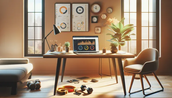 Modern coaching desk with a laptop open and workout equipment nearby