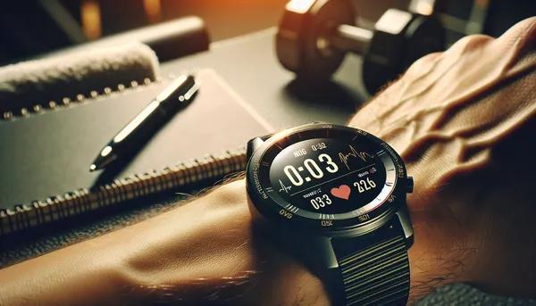 Fitness smartwatch showing workout metrics next to a notebook with progress notes